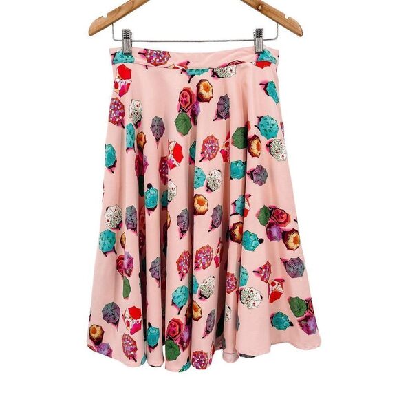 Vintage Tatyana Rainy Day Umbrella Print Satin Circle Midi Skirt Pink Medium - Picture 2 of 9